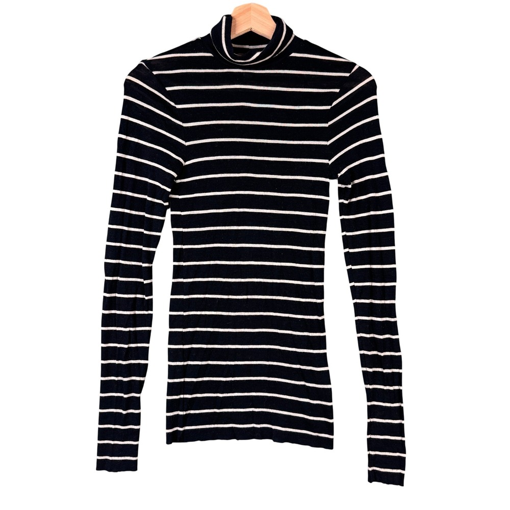 COS Women Black White Striped 100% Wool Turtleneck Sweater Size S Fine Knit